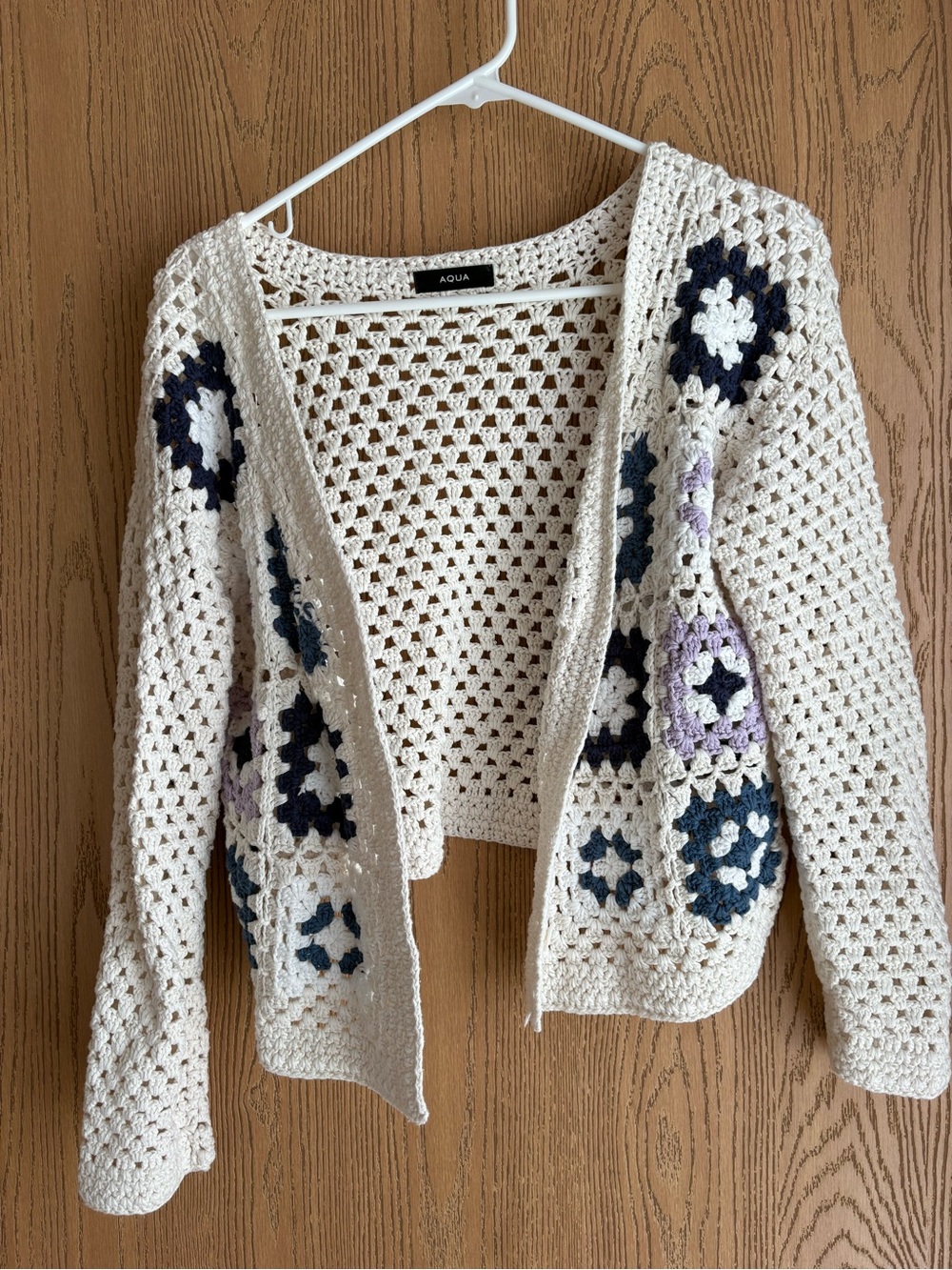 Aqua Cream Crochet Open-Front Cardigan with Navy & Lavender Floral Squares